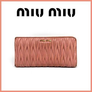 GUC Pink Miu Miu Logo Quilted Zip Around Long Wallet